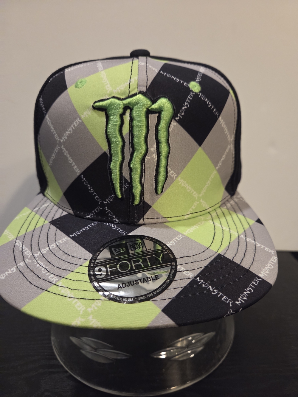 New Era Monster Energy Green Black Gray Plaid 9FORTY Adjustable Hat